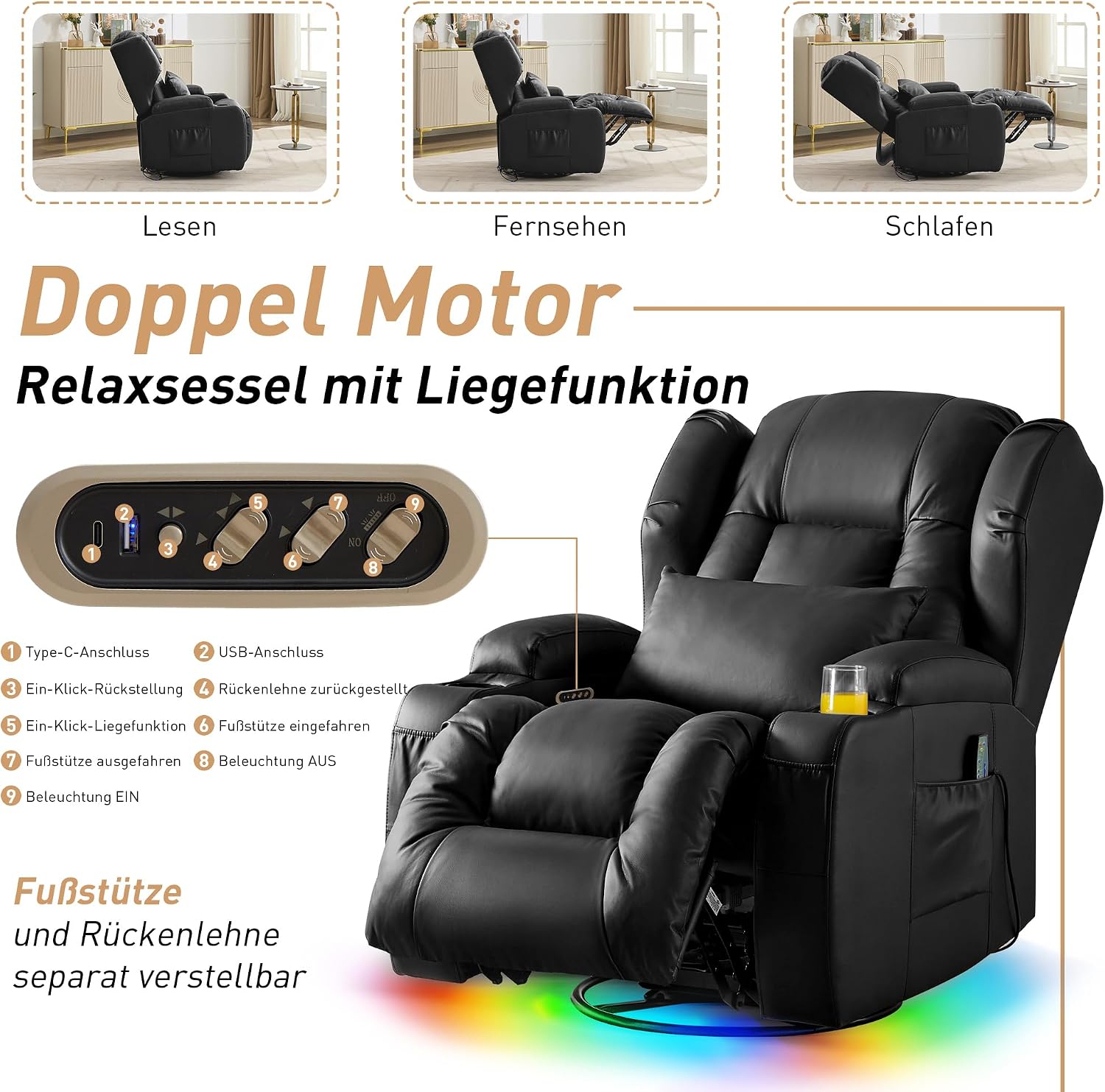 Thumbnail 4 de SITURAY 2 Motoren Elektrischer Verstellbar Relaxsessel mit Liegefunktion – TV Sessel mit Massage, Wärme und LED-Beleuchtung