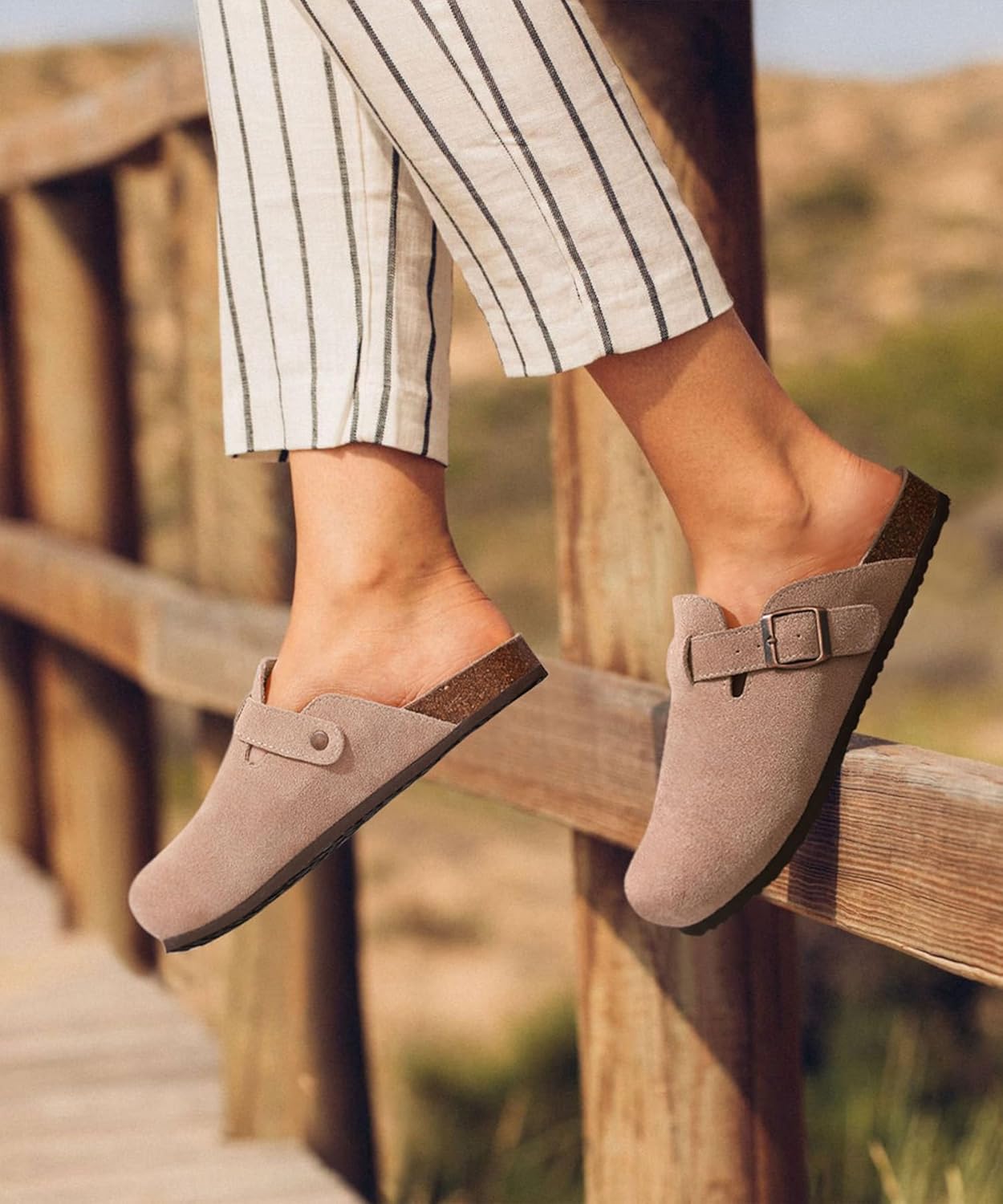 Detalle 2 de KIDMI Genuine Suede Clogs for Women with Cork Footbed, Arch Support & Adjustable Buckle Straps