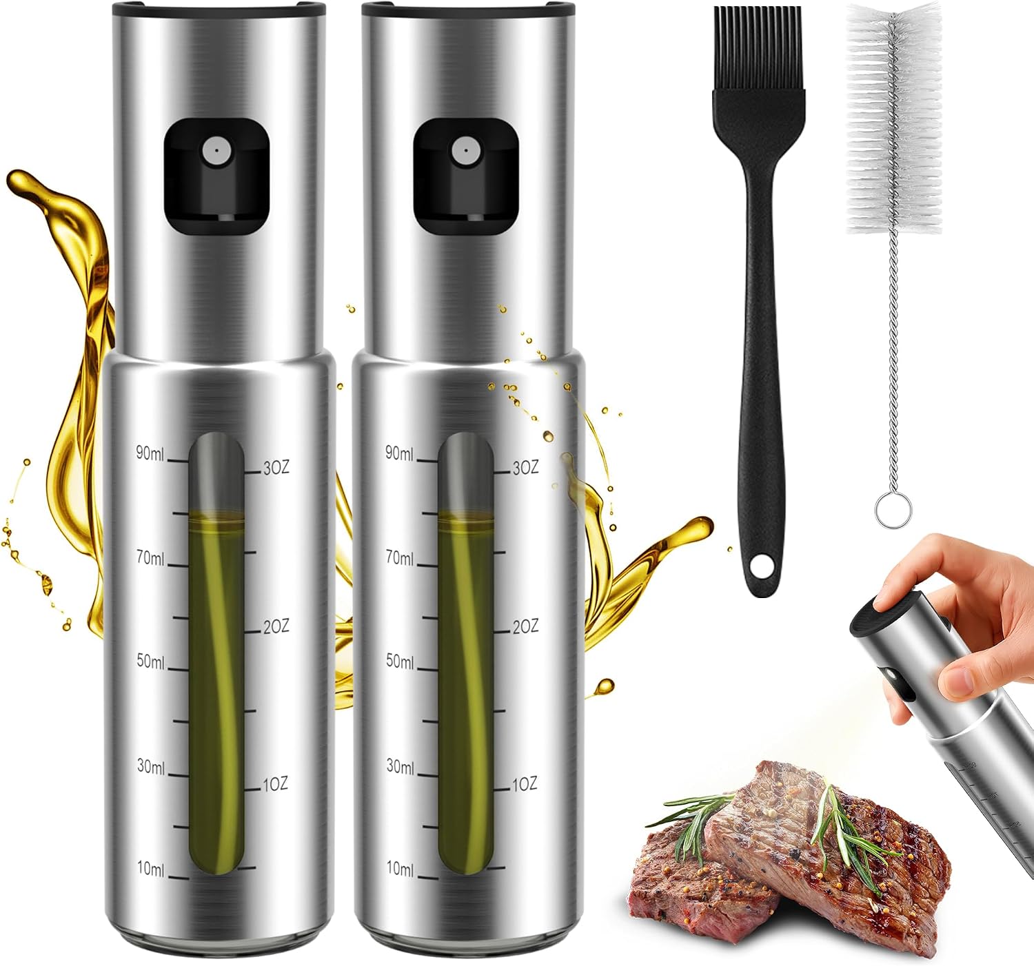 Detalle de KitchenBoss Spray Huile Cuisine Pulverisateur 100ml (2 pièces) – Inox et Verre, pulvérisation précise