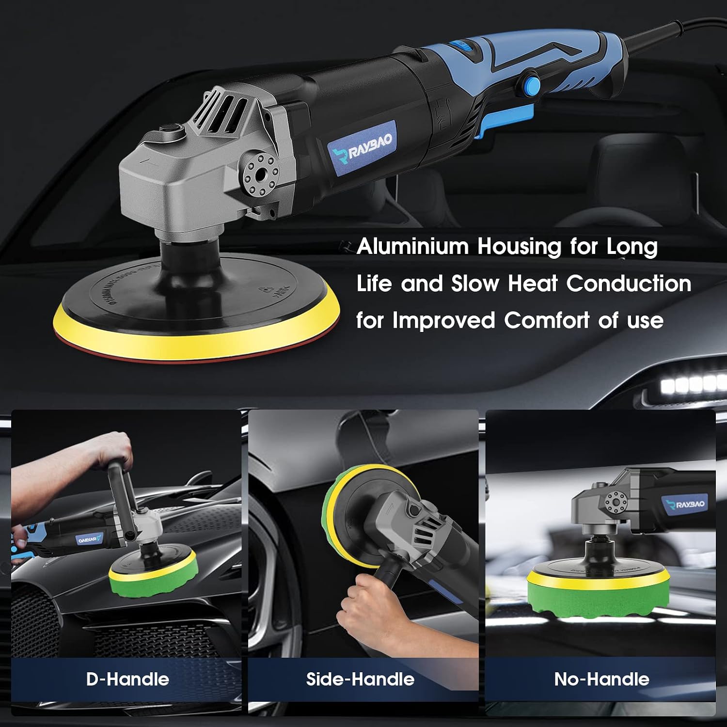 Detalle 2 de RAYBAO Car Polisher: 6/7-Inch, 1200W Rotary Polisher with 6 Speeds and Dual Handles