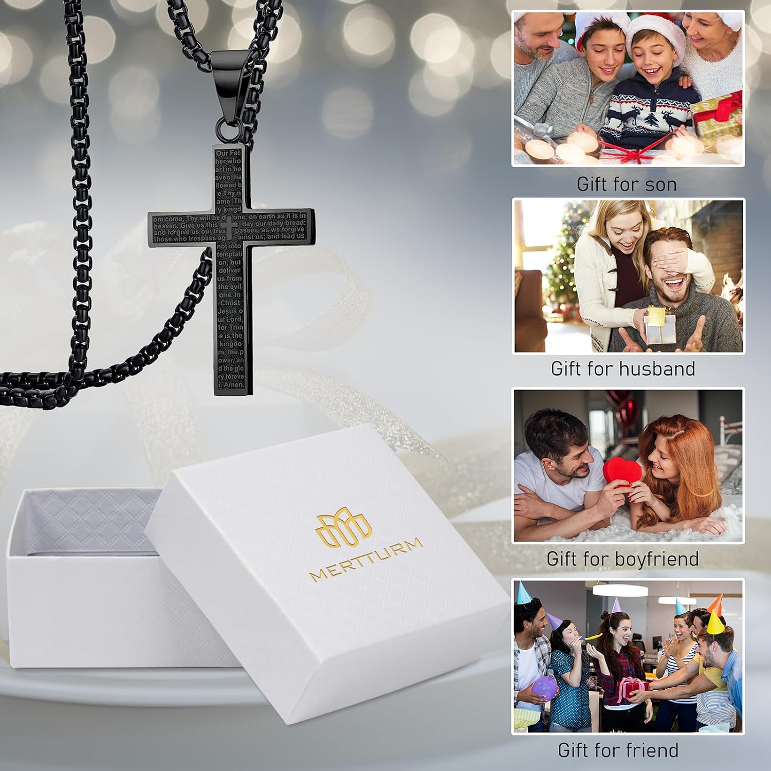 Thumbnail 5 de MERTTURM Kreuz Halskette für Herren aus Edelstahl, 60 cm Kette mit Kreuz-Anhänger (silber/schwarz/gold)