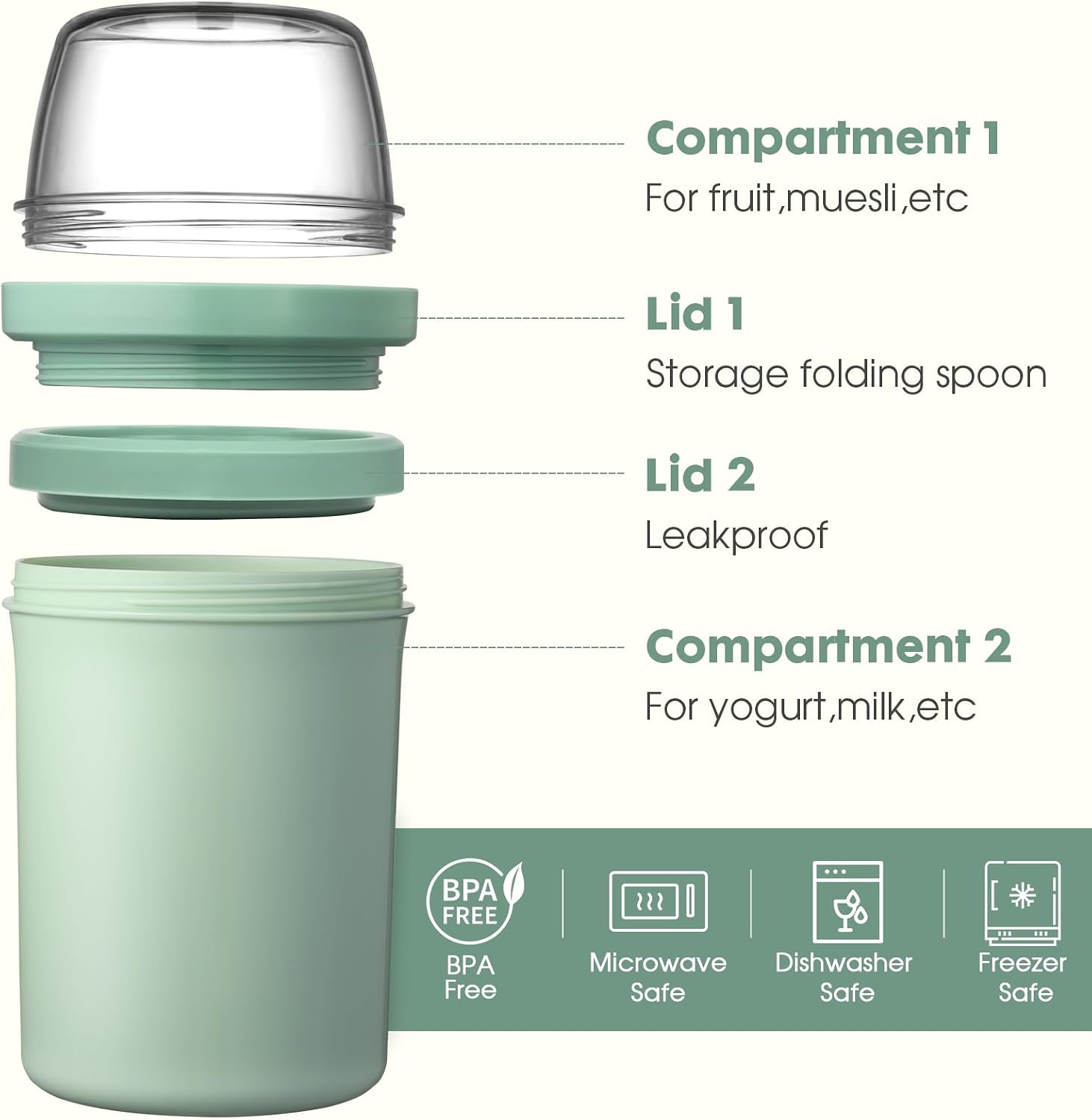 Thumbnail 1 de Mitsemmo Müslibecher to Go 600 ml + 270 ml (Joghurtbox mit Löffel, Nordic Grün)