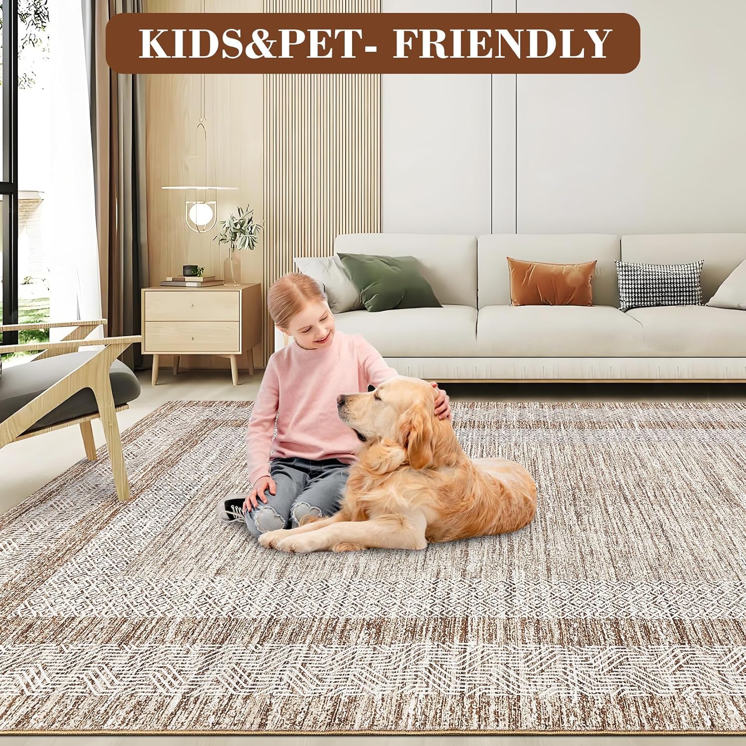 Detalle de GarveeHome 2x6 Modern Bordered Runner Rug (Soft Non-Slip, Washable) in Brown