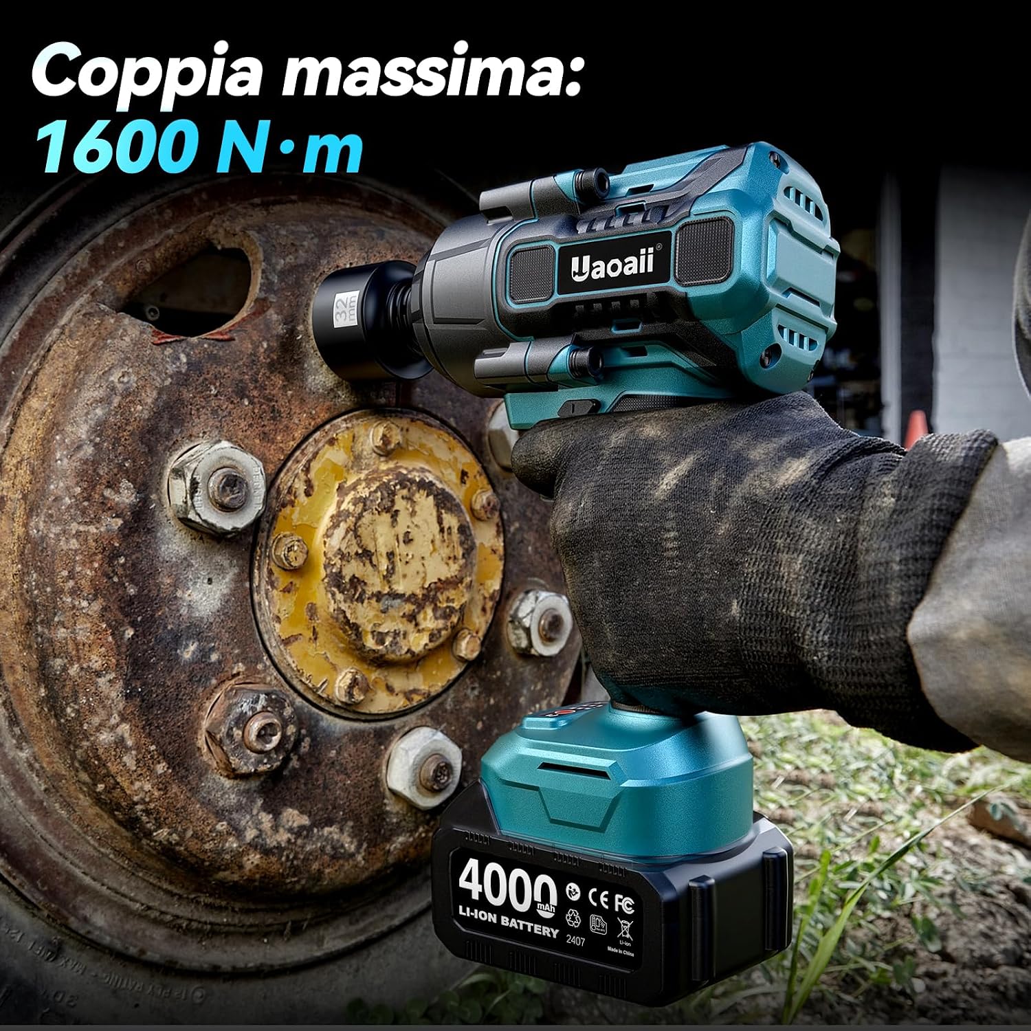 Detalle 2 de Uaoaii Avvitatore a impulsi a batteria 1600 Nm 1/2": kit completo con 2 batterie e prolunga