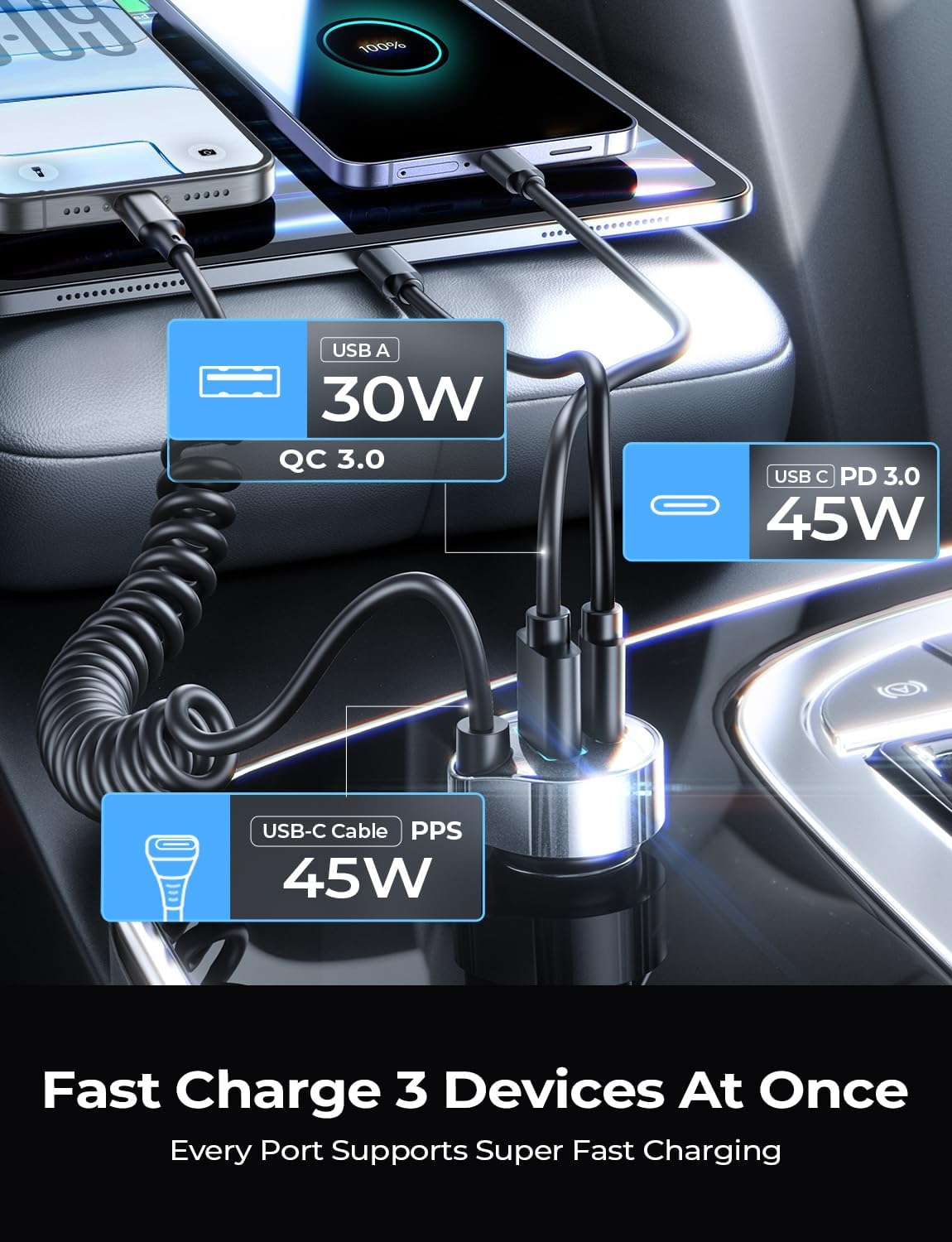 Detalle de LISEN 90W USB-C Car Charger for iPhone & Android with 30W USB-C Cable (Spiral Cord)