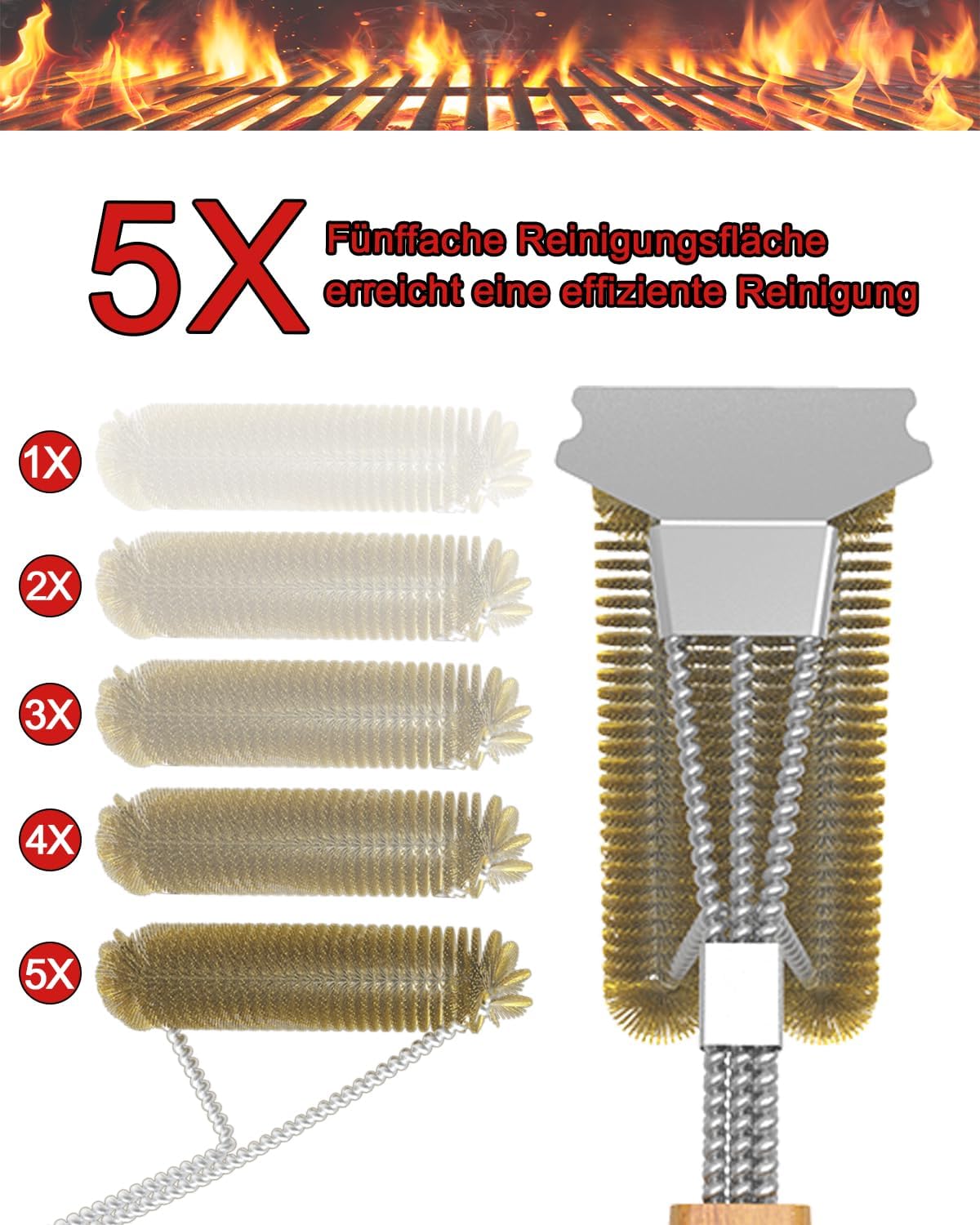 Thumbnail 3 de Grillbürste Messing mit Holzgriff – Extra lange 39 cm, robuste Messingborsten & Schabmesser