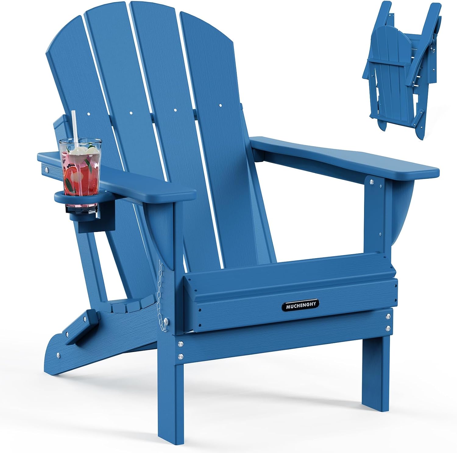 Detalle de MUCHENGHY Folding Adirondack Chair HDPE, Navy Blue with Cup Holder