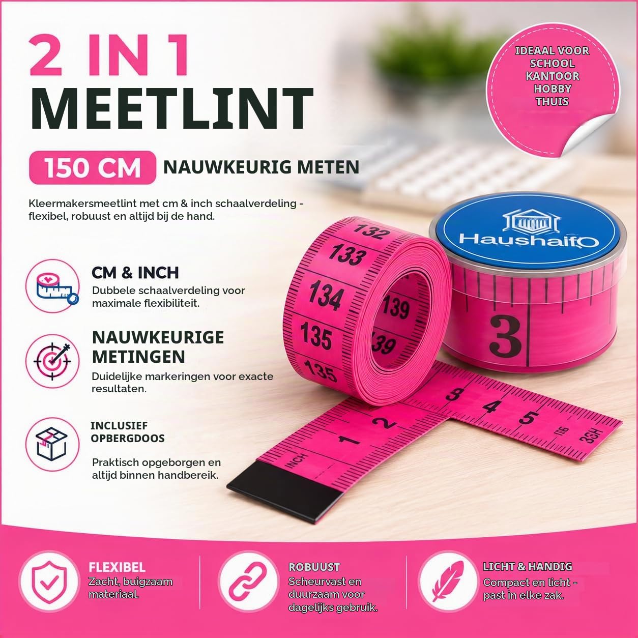 Detalle 2 de HaushaltO 4262521265474 kleermakersmeetlint 150 cm, cm en inch, roze