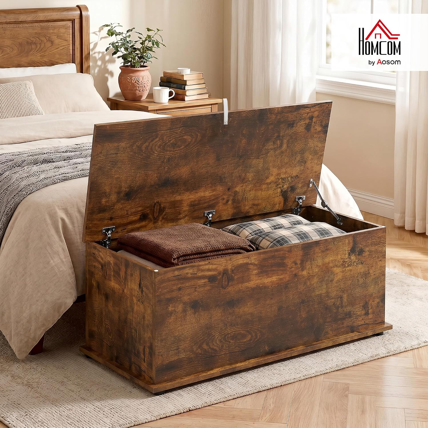 Thumbnail 1 de HOMCOM Large 113L Storage Chest – Rustic Brown Blanket Box & Shoe Bench (100 x 40 x 40 cm)