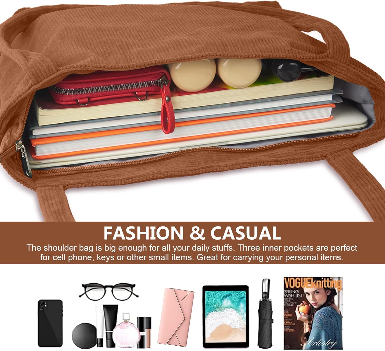 Thumbnail 5 de FITDON Corduroy Totes Bag with Zip 43cm
