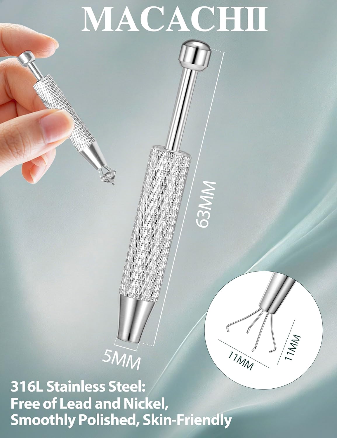 Detalle de Kit de piercing MACACHII (14G, 16G, 18G) : pince, aiguilles coniques et outil ouvre-boule