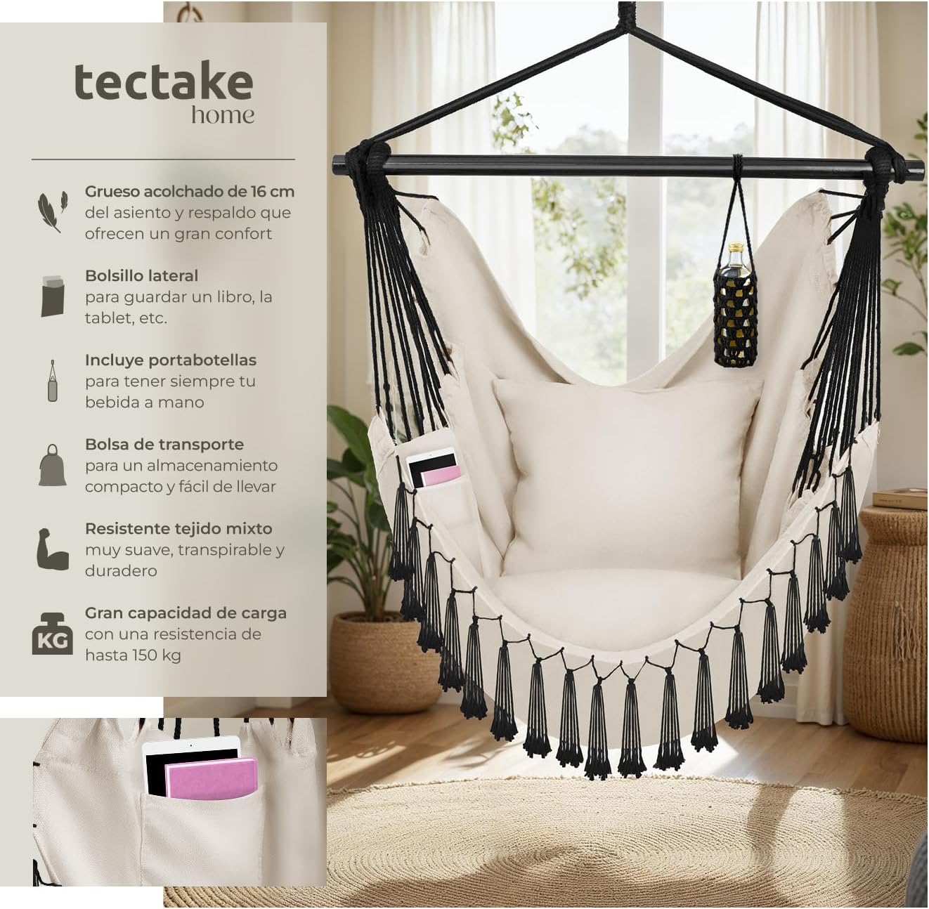 Detalle 2 de tectake® Silla Colgante Bohemia 150 kg