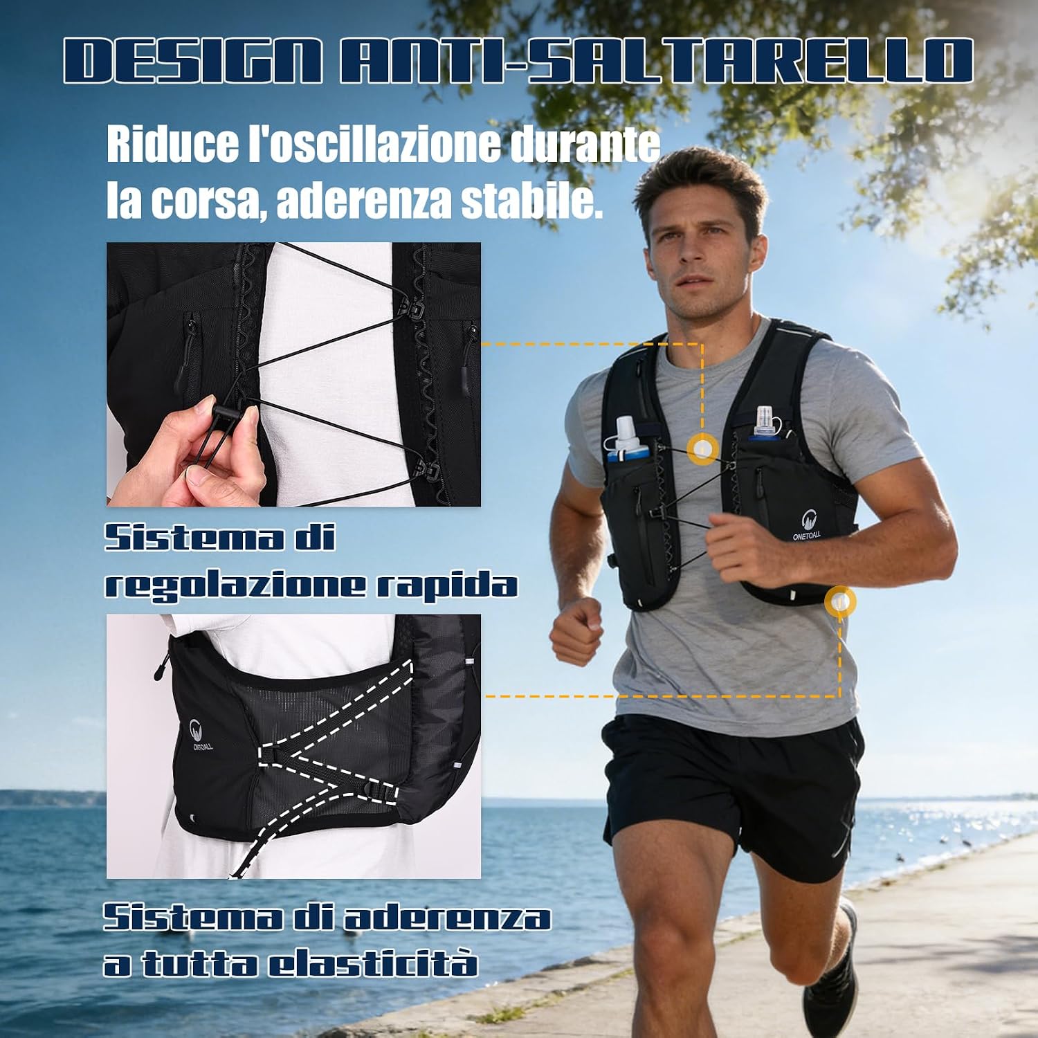 Detalle de ONETOALL Gilet Running: zaino/gil® per trail con 2 borracce, LED e comfort ultraleggero