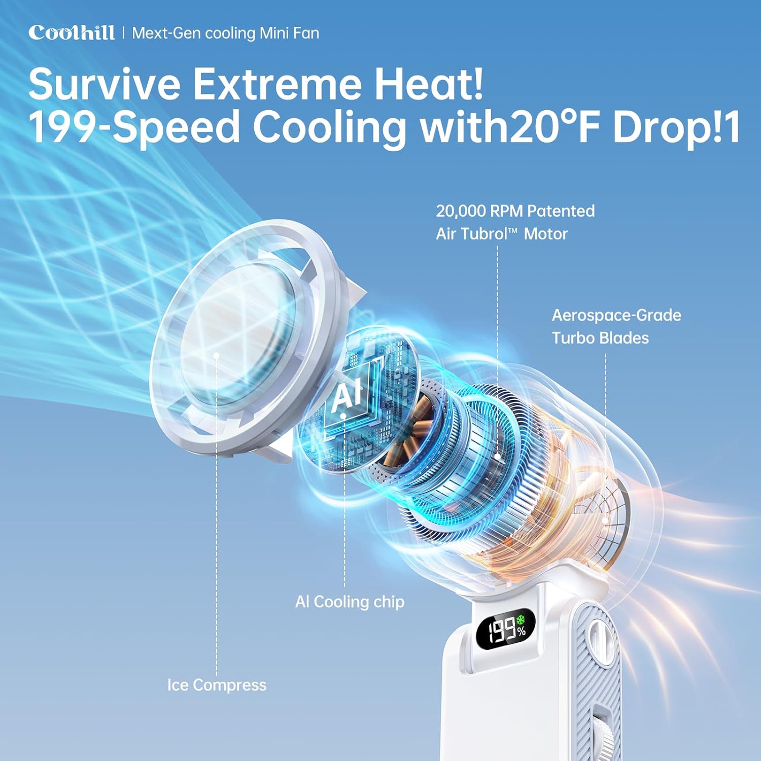 Detalle de Coolhill Handheld Portable Fan with Turbo Cooling: 5500mAh, 199 Speeds, 20000 RPM