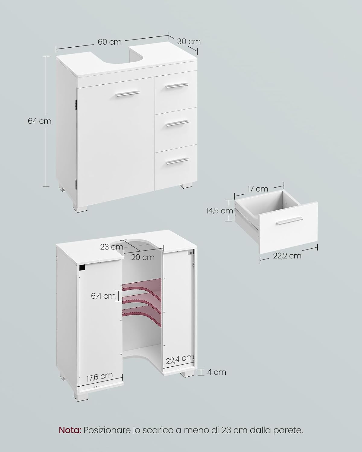 Detalle de VASAGLE Mobile Sottolavabo 30x60x64 cm Bianco Nuvola