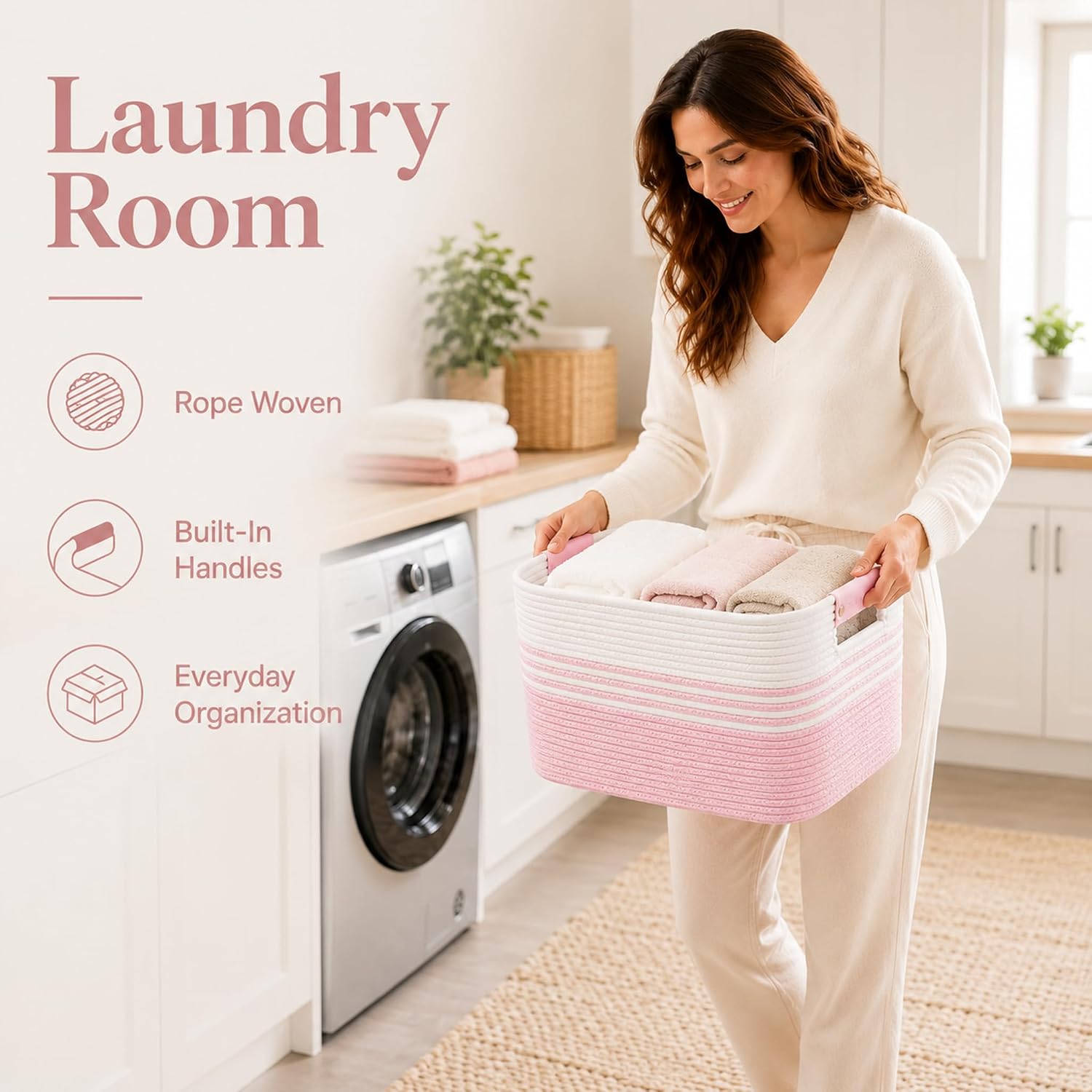 Detalle 1 de ordnestidy 12.8GAL Cotton Rope Storage Basket, White Pink