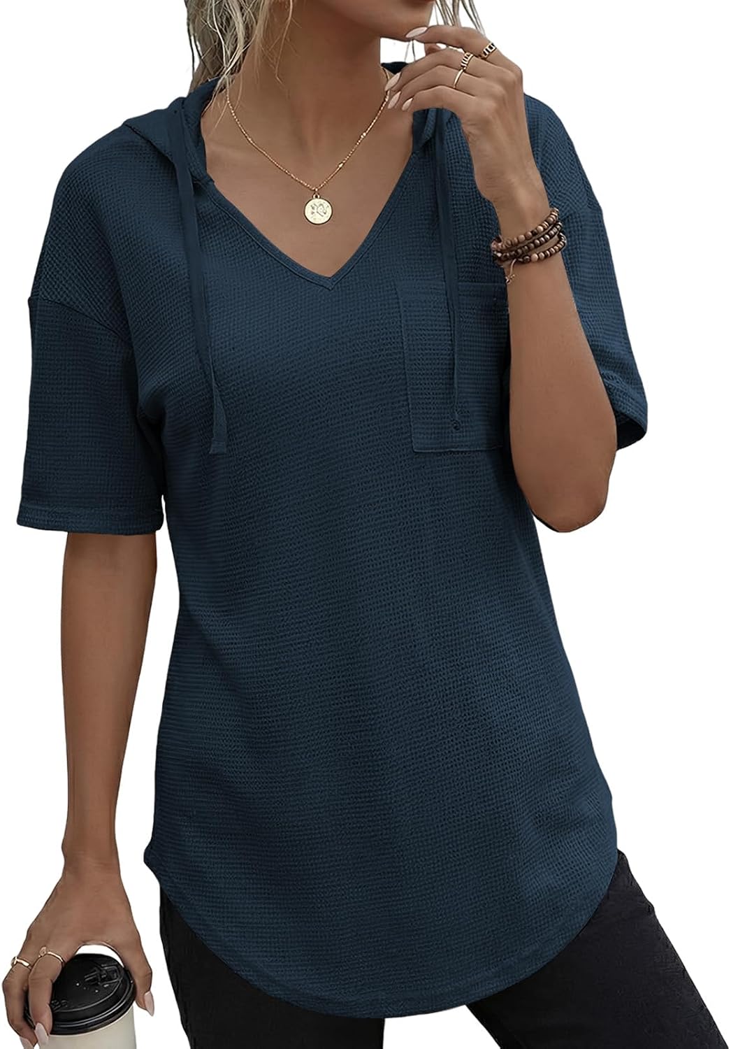 Detalle de Cuptacc Pullover Damen Hoodie mit V-Ausschnitt – Langarm Kapuzenpullover aus weichem Waffelstrick