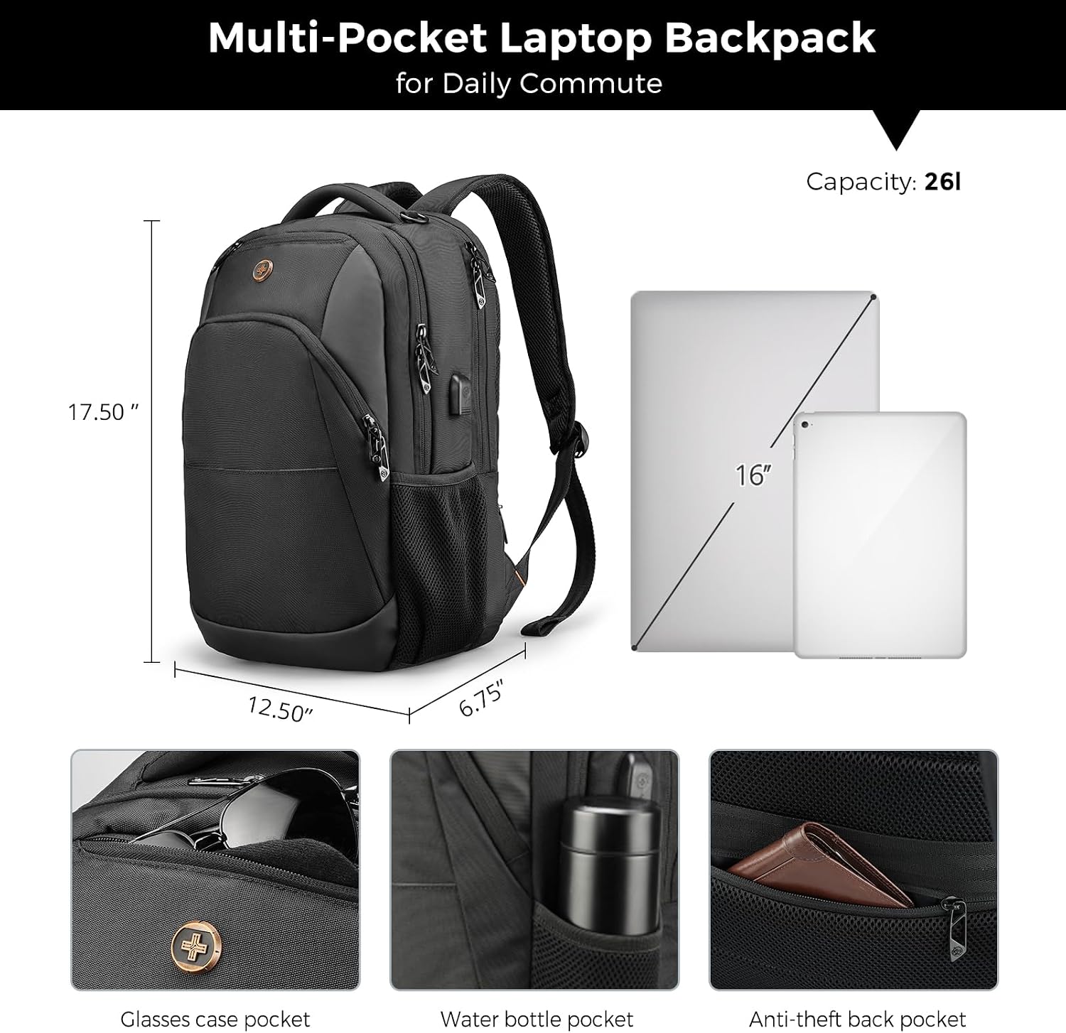 Detalle de Swissdigital Design Backpack SD1670-01: 16-Inch Laptop, RFID & USB Charging Pocket