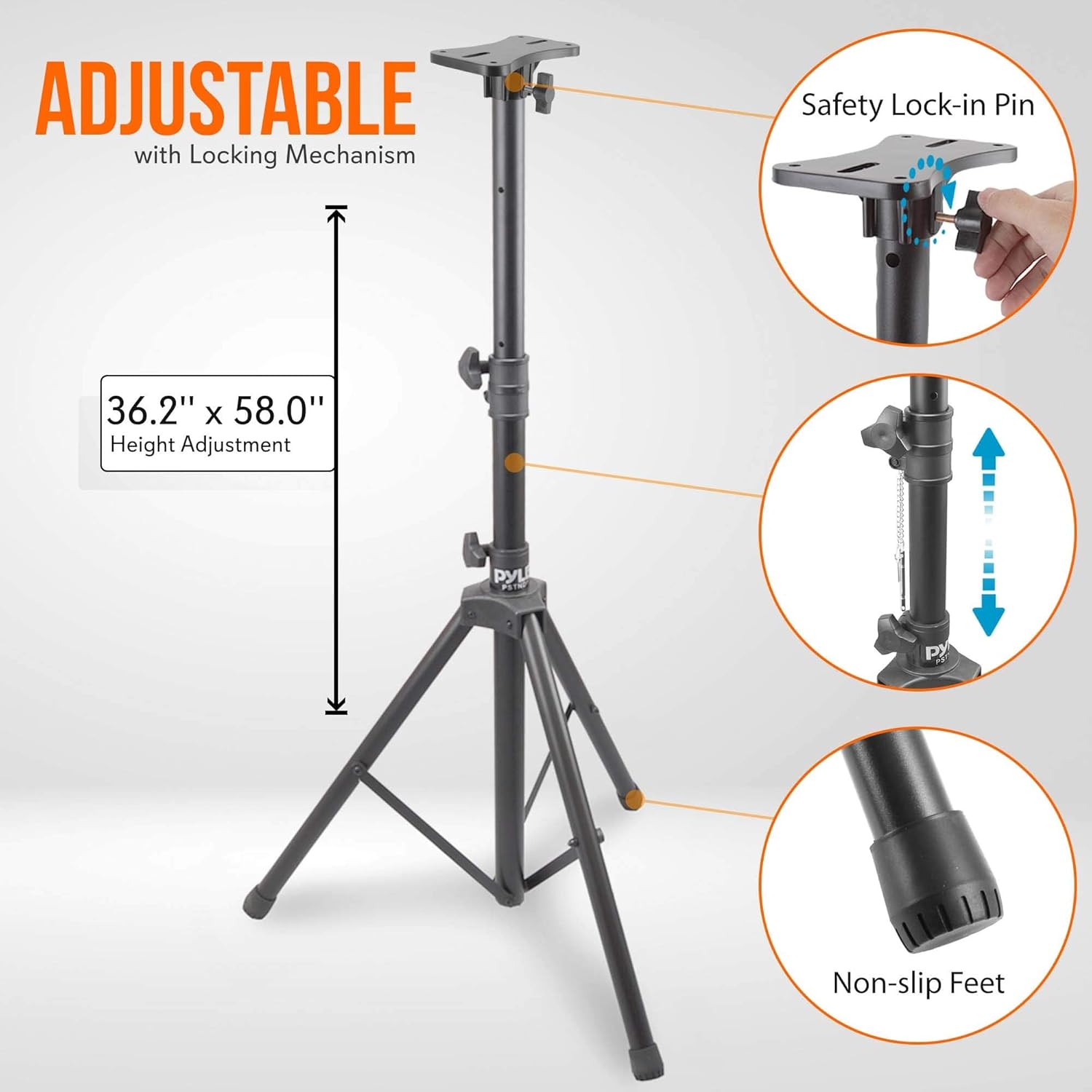 Detalle de Pyle Support Trépied Robuste – Hauteur réglable 92–147 cm avec embouts caoutchouc, insert 35 mm