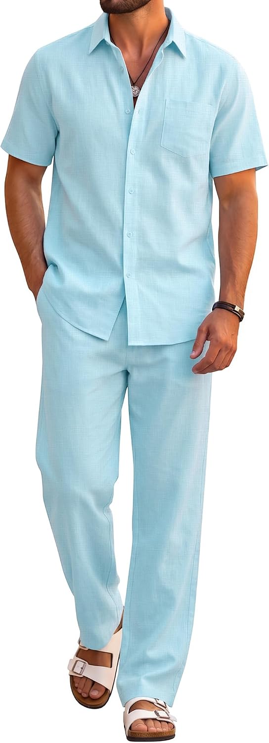 Thumbnail 6 de COOFANDY Men's 2 Piece Cotton Beach Outfit: Short Sleeve Shirt + Loose Pants