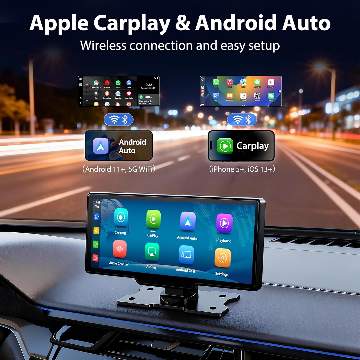 Detalle 2 de ELECROW 10.26” Wireless Portable CarPlay Screen with 4K Front & HD Rear Dual Dash Cam
