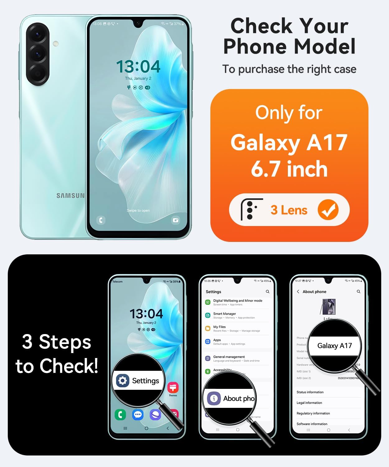 Thumbnail 1 de Coque magnétique CANSHN pour Samsung Galaxy A17 (6,7 pouces) – protection caméra complète, fond translucide mat, noir