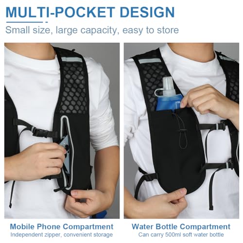 Detalle de Alaoo Chaleco Running multifunción con hidratación y soft flask de 500 ml (negro)