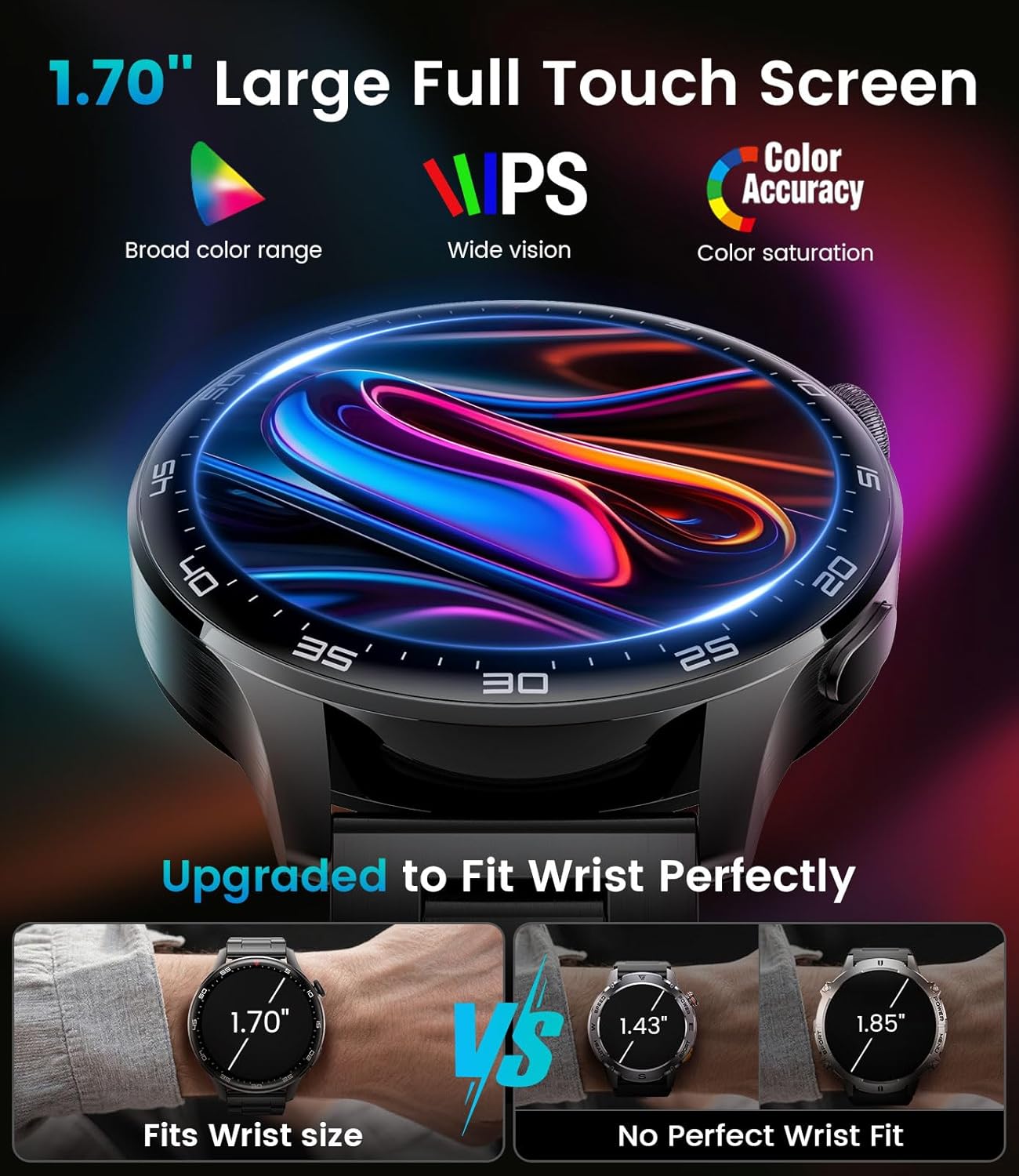 Detalle 2 de Montre connectée homme 1,7" HD avec appel Bluetooth, capteur cardio et écran tactile