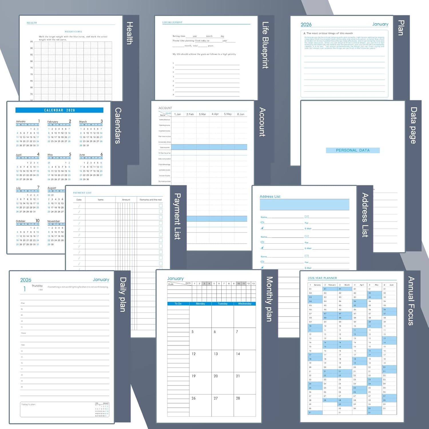 Thumbnail 5 de 2026 A5 Page-a-Day Diary (Jan–Dec) with Monthly Tabs, Pen Loop & Inner Pocket