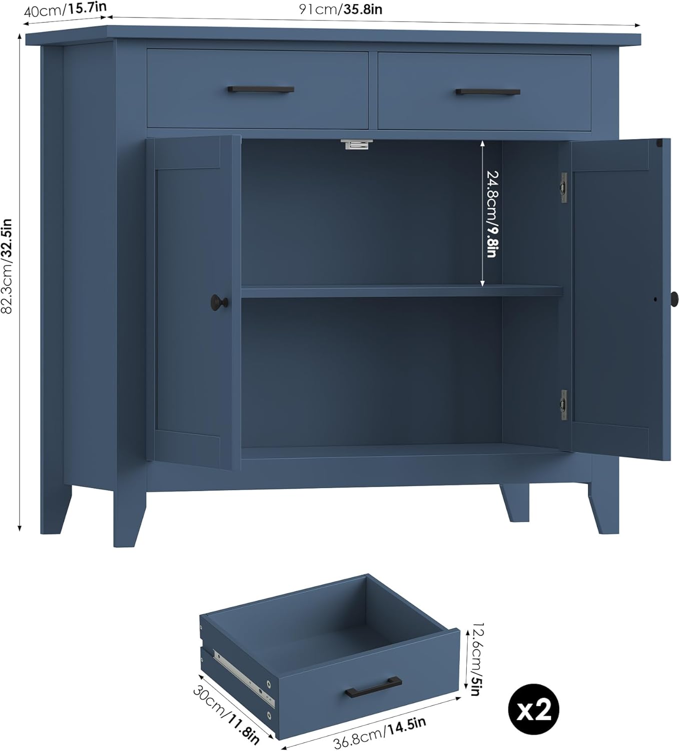 Thumbnail 2 de HOCSOK credenza armadio da cucina con 2 cassetti e ripiani regolabili, blu 82x40x91 cm