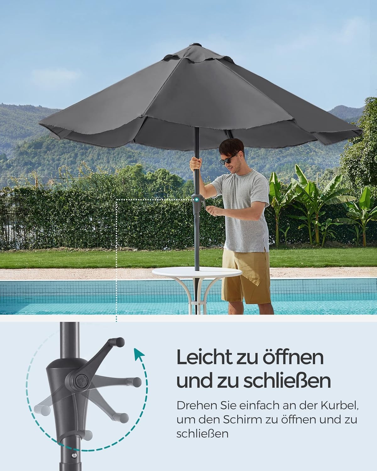 Detalle de SONGMICS Gartenschirm Ø 300 cm GPU30GYV1 – Marktschirm mit Kurbel, UV-Schutz UPF 50+, klappbar, grau