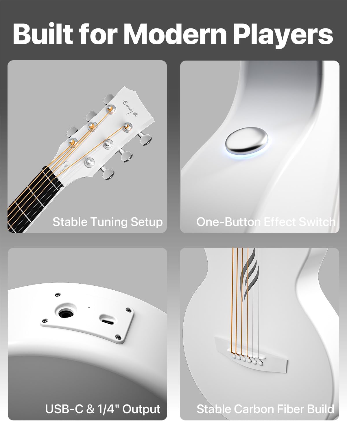 Detalle 2 de Enya NOVA GO SP1 Carbon Fiber Travel Guitar (35") with Smart AcousticPlus, Built-in Effects, USB Recording & Bluetooth Speaker