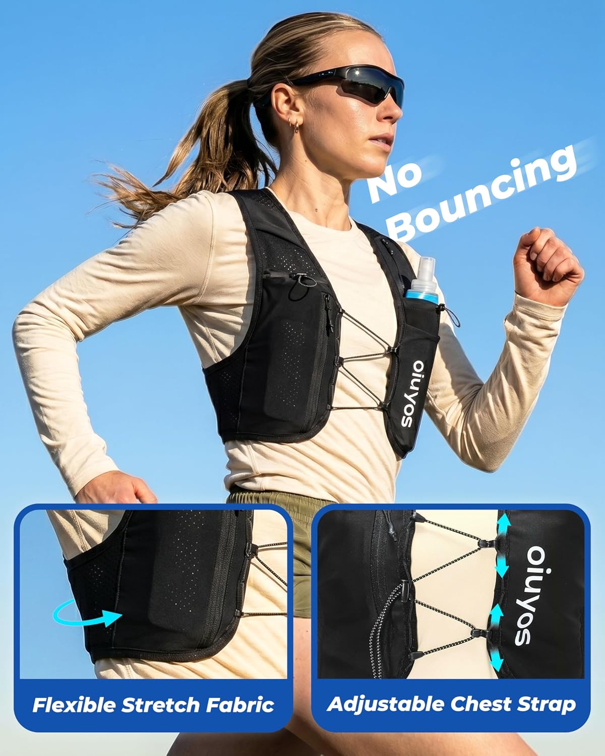 Thumbnail 1 de Oiuyos Running Vest for Women & Men — Adjustable Chest Straps, 500ml Hydration Flask, 8 Pockets, Lightweight Reflective Vest