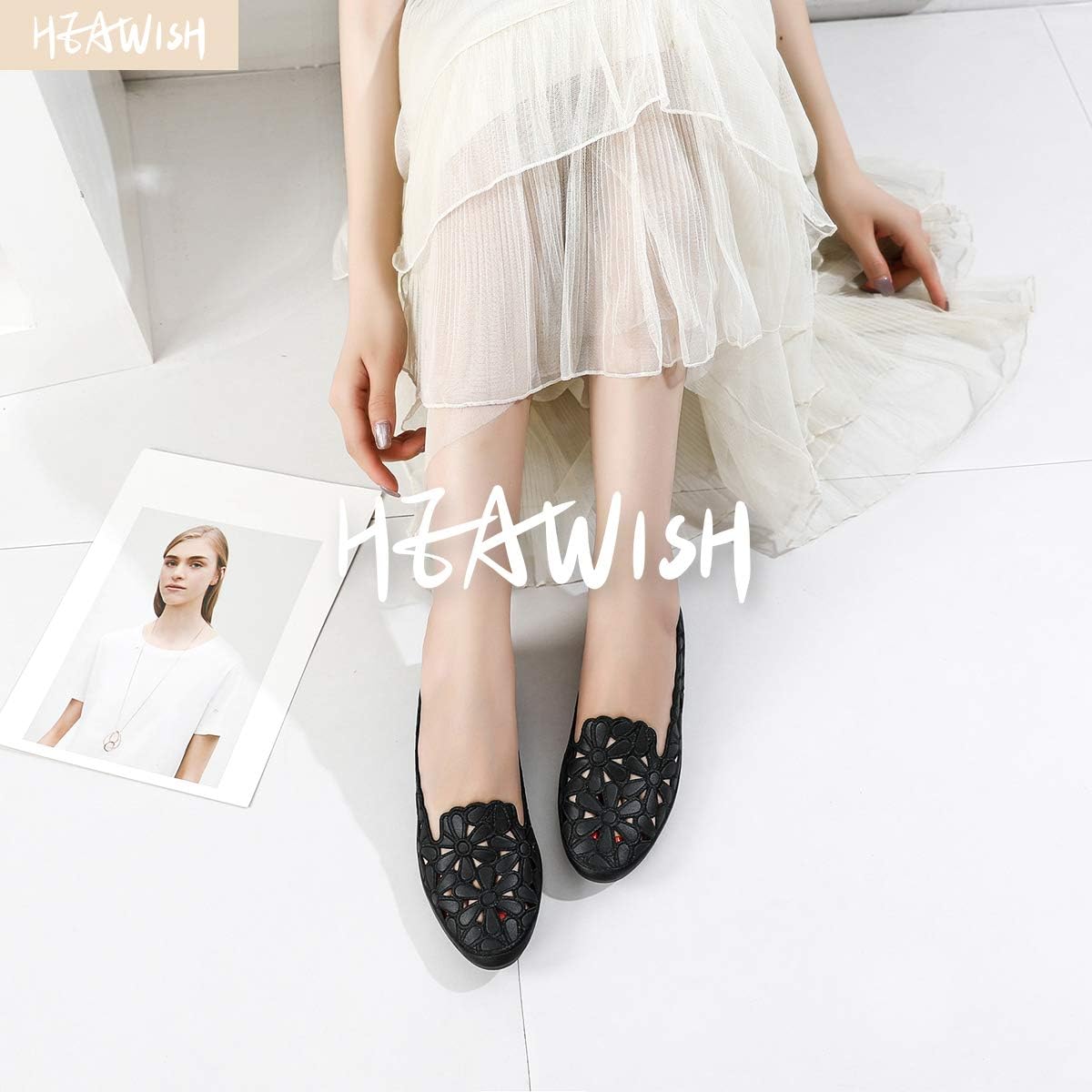 Detalle de HEAWISH Women’s Floral Ballet Flats (Black/Beige) — Slip-On Round-Toe Dress Shoes