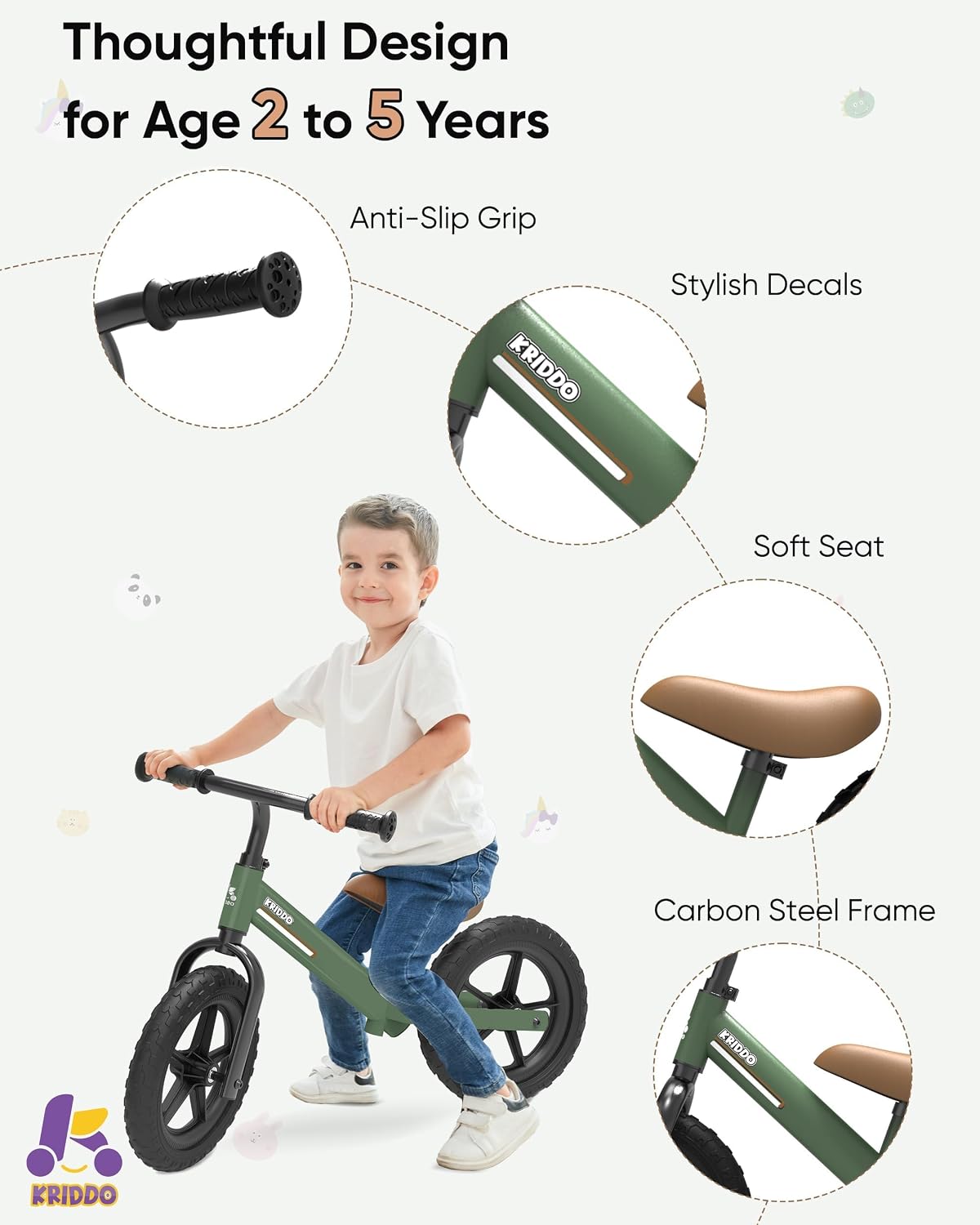 Detalle de KRIDDO Toddler Balance Bike for 2–5 Years: Adjustable, All-Terrain 12-inch Balance Bike