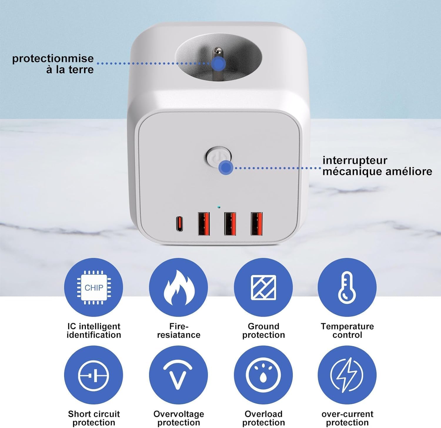 Detalle de Multiprise Murale 7 en 1 – Prise Secteur avec 3 Prises Française et 4 ports USB (USB-C + USB-A) – Cube mural compact