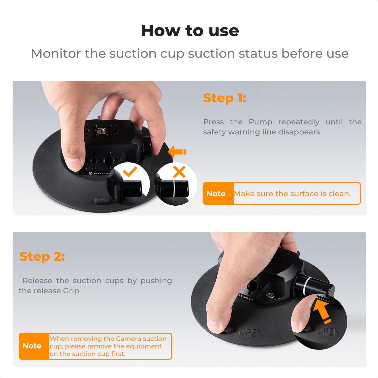 Detalle de K&F CONCEPT Support à ventouse 6 pouces (152 mm) avec bras magique double rotule, pince téléphone et adaptateur GoPro