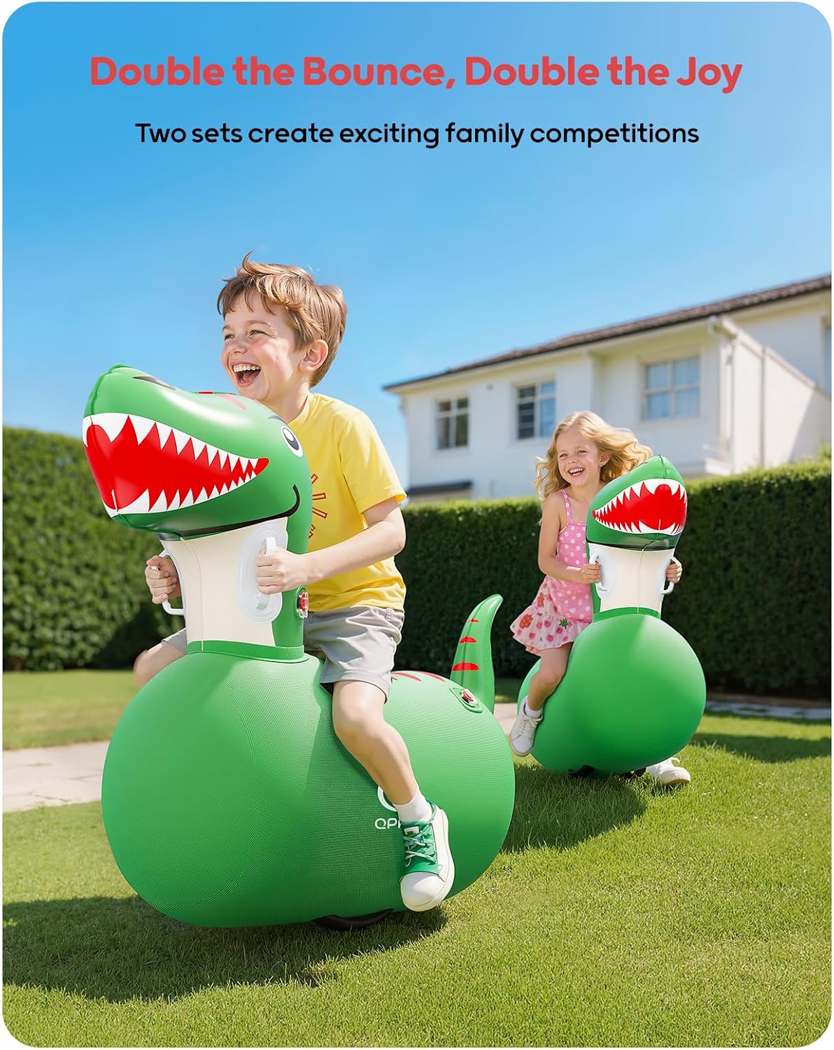 Detalle de QPAU Inflatable Bouncy Dinosaur (2 pcs) with Hand Pump – heavy duty hopping animal hopper, for ages 5+