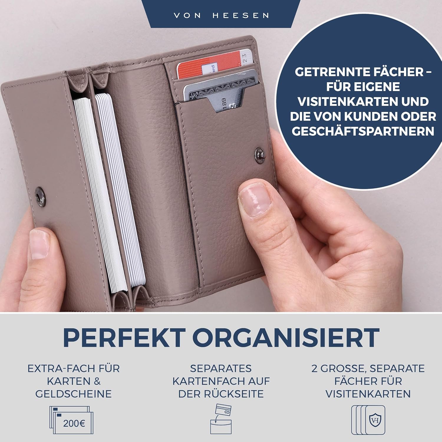Detalle de VON HEESEN Visitenkartenetui Leder mit RFID-Schutz (Taupe) – Platz für 50 Visitenkarten, 6 Fächer