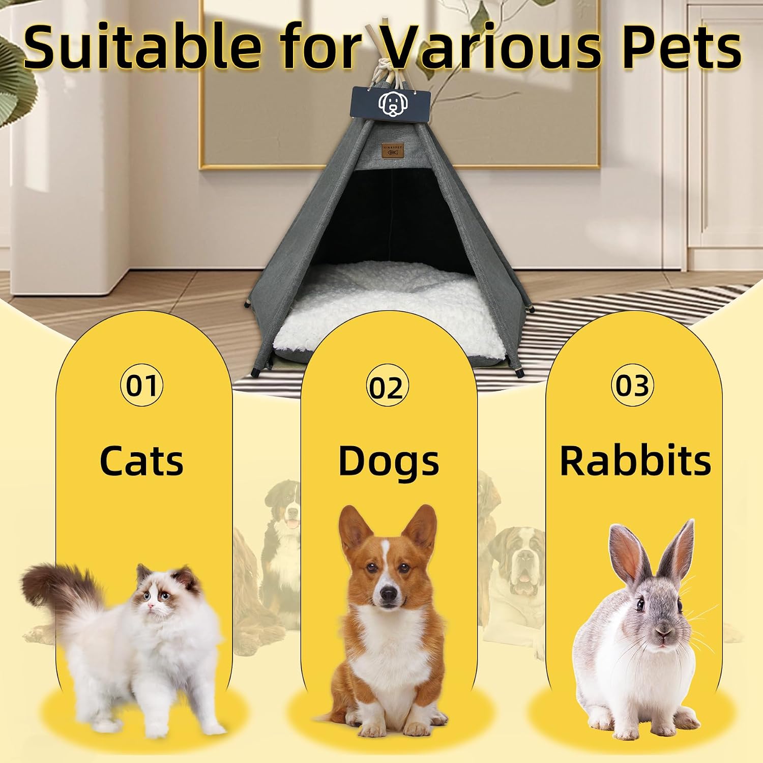 Detalle de Vinnypet Tipi Zelt für Katzen und Hunde – Luxuriöses Haustierzelt mit abnehmbarer, waschbarer Matte 50x50x60 cm