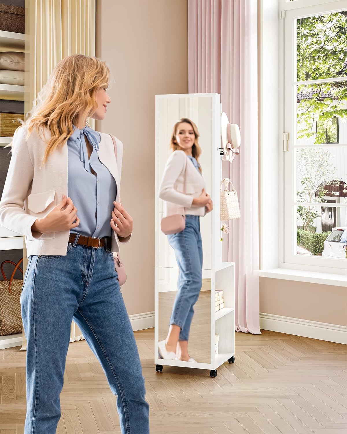 Thumbnail 1 de Hzuaneri Armoire à Bijoux 8 LEDs 175 cm – Organisateur sur Pied avec Miroir Verrouillable et Porte-Vêtements