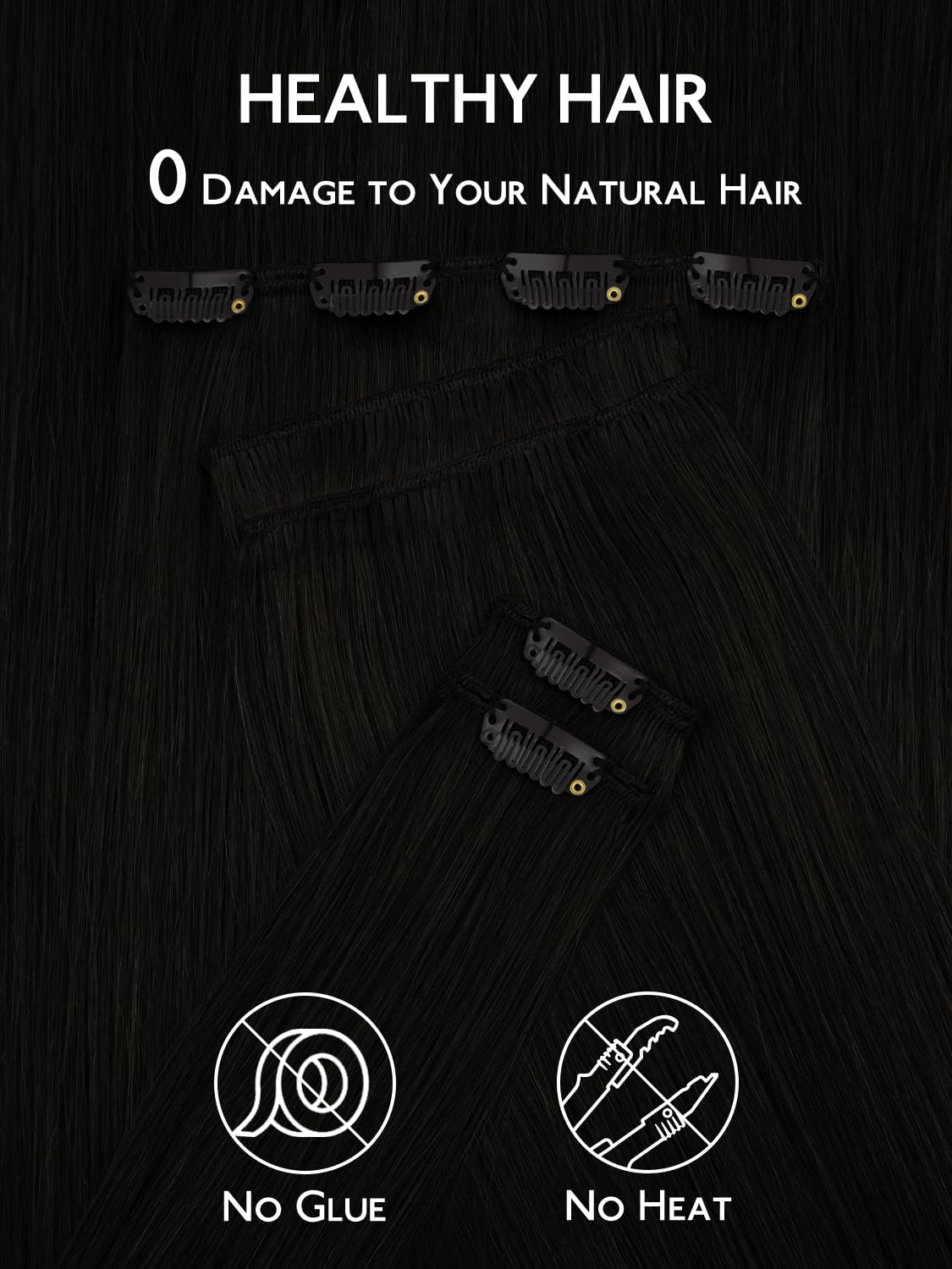 Detalle de WENNALIFE 22-inch Clip-in Hair Extensions (Remy Human Hair) – Jet Black, 150g with Clips (9 pcs)