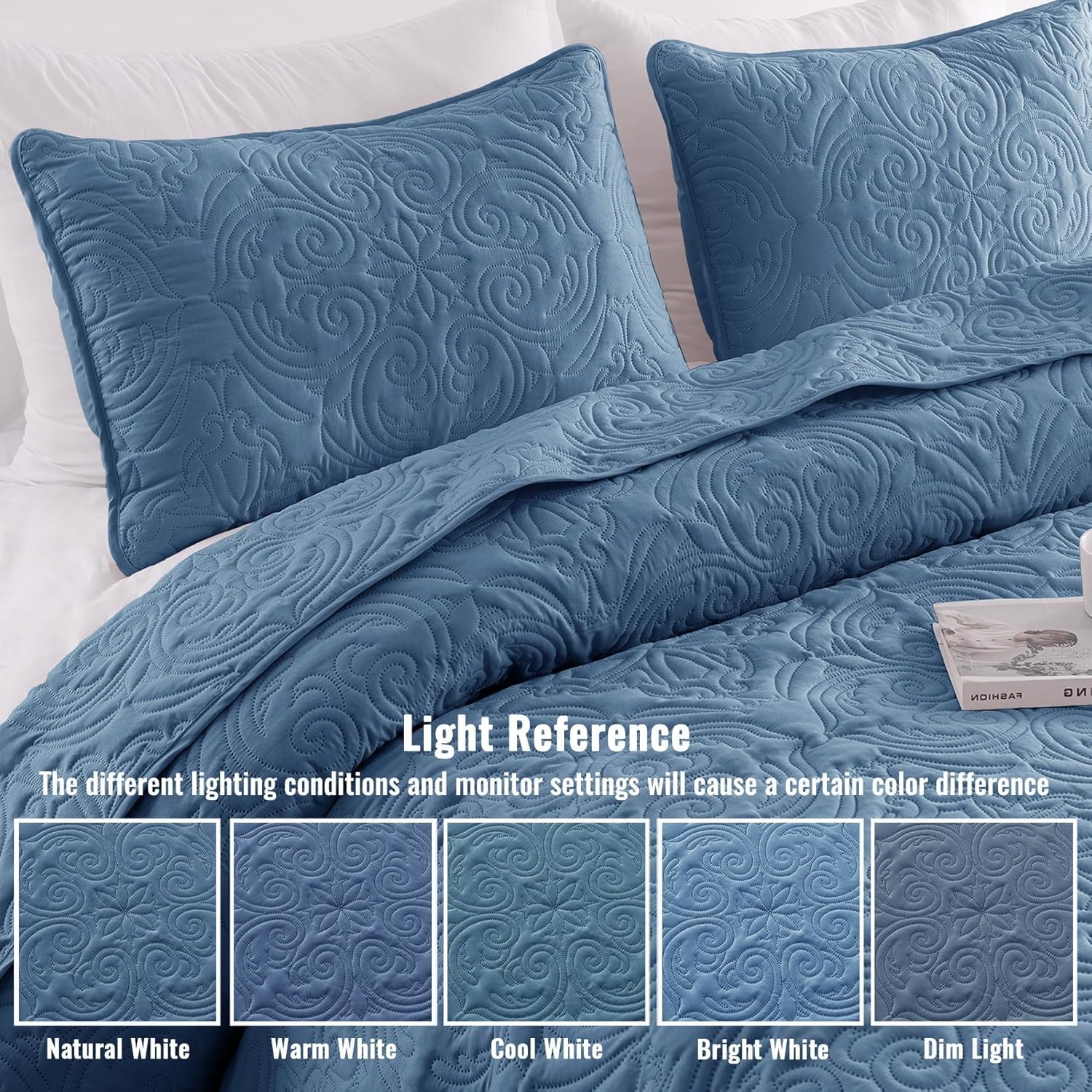 Detalle de Exclusivo Mezcla QS-YP-QBL Full/Queen Quilt Set, Grayish Blue Damask Microfiber