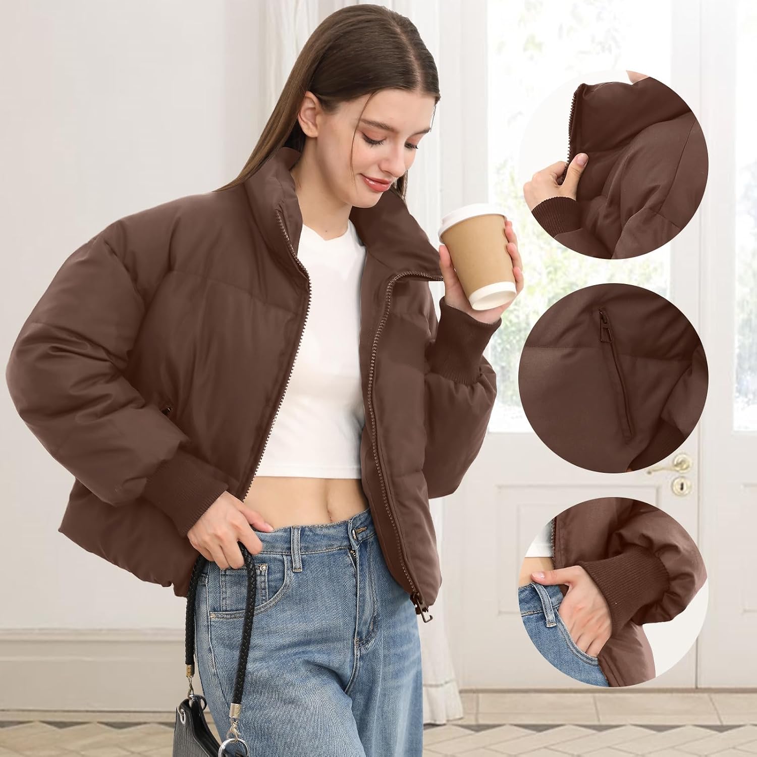 Detalle 2 de Women’s Cropped Puffer Jacket Quilted Zip Down