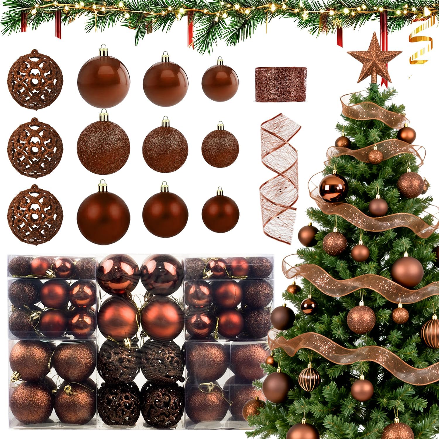 Detalle de JHWELRG® Weihnachtskugeln Set (101-teilig) in Bronze, matt & glänzend, Kunststoff- Christbaumschmuck mit Bändern und Box