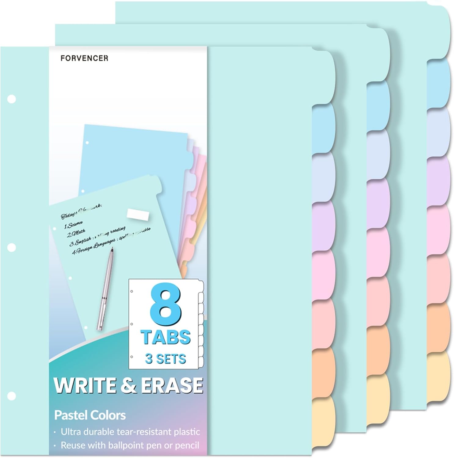 Detalle de Forvencer FCA0111-0003A Binder Dividers, 8 Tabs, Reusable Plastic, Pastels