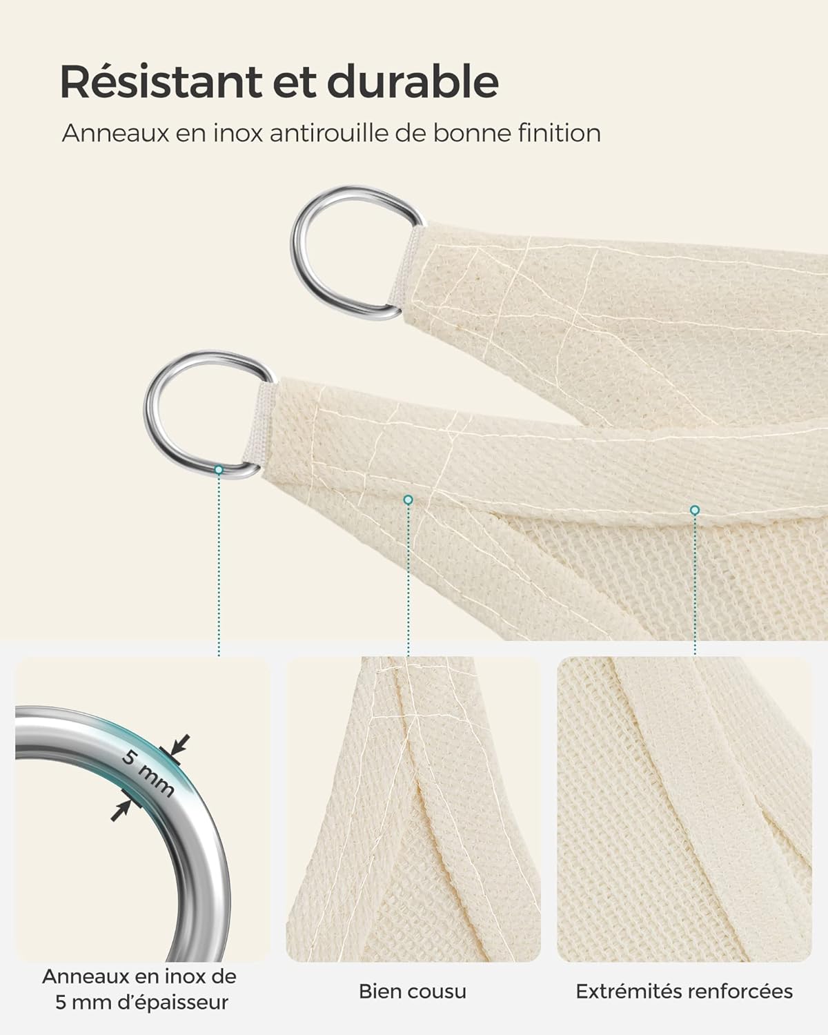 Thumbnail 3 de Voile d’ombre SONGMICS 4 x 4 m en tissu HDPE respirant et perméable à l’eau (beige) GSS44IVV1