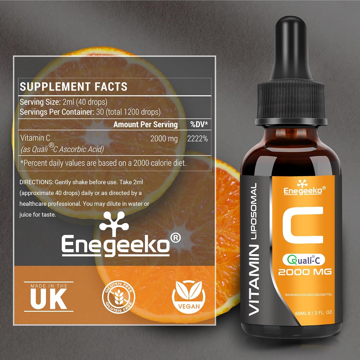 Detalle de Liposomales Vitamin C 2000 mg mit Quali-C – pH-neutral, vegan, Nicht-GVO, Tropfen (60 ml, 2er Pack)
