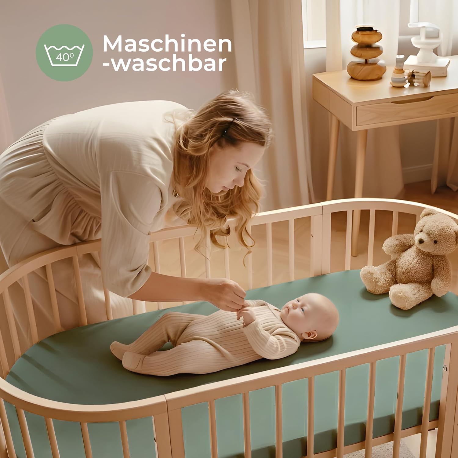 Thumbnail 6 de Dreamzie 2er Set Spannbettlaken 50x83 cm für Kinderwagen, Kapuze & Reisebett – Oeko-Tex Baumwolle, Salbei/Weiß
