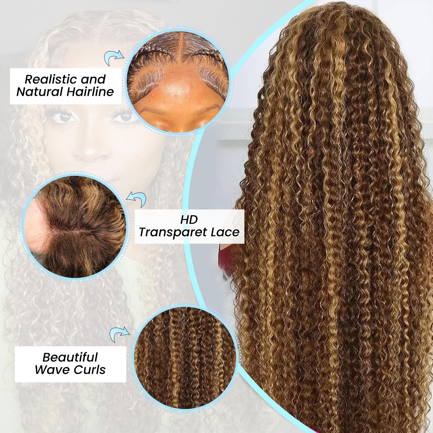 Detalle de Harmsh 30inch Highlight Ombre 13x6 HD Lace Front Wig (Deep Wave, Honey Blonde)